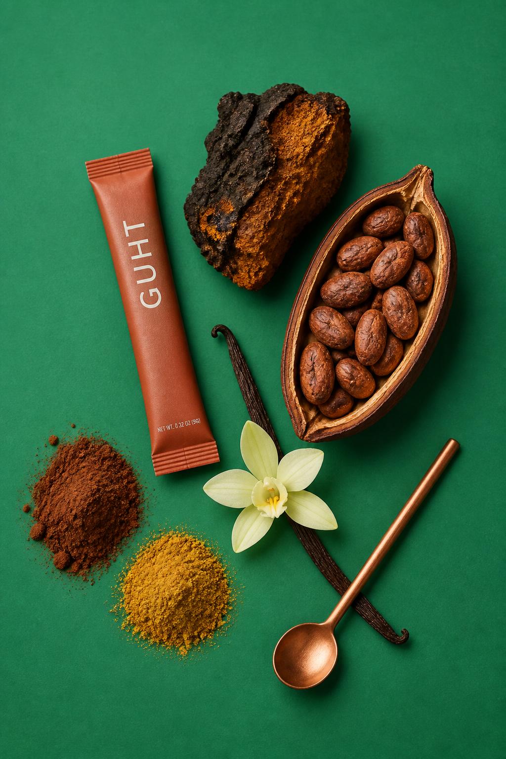 Guht chaga sachet on a matte, paper-like surface.